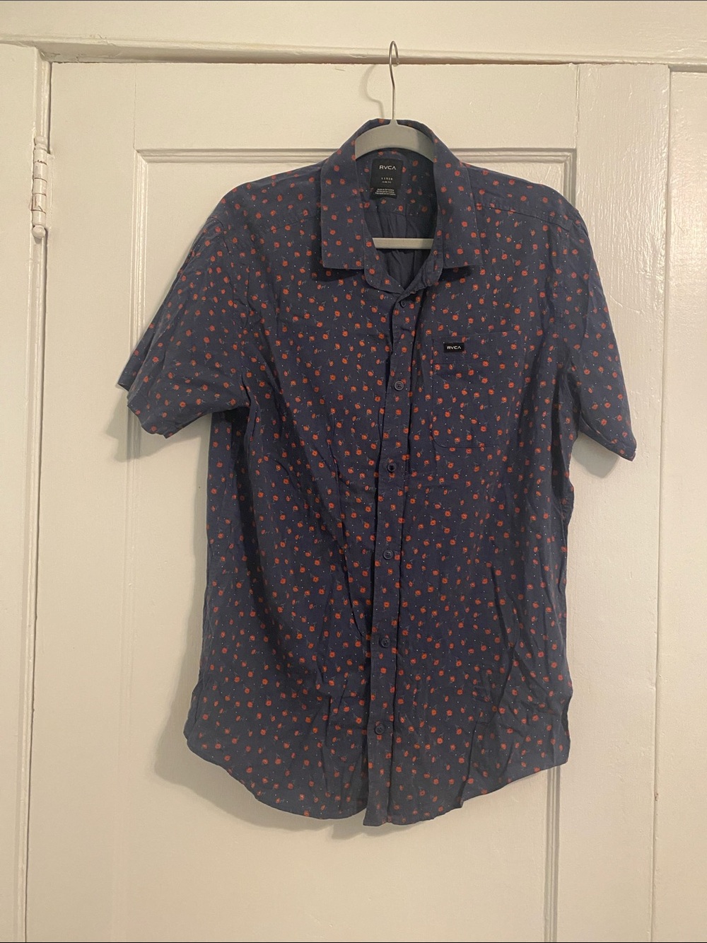 RVCA Navy Short-Sleeve Button-Up with Print